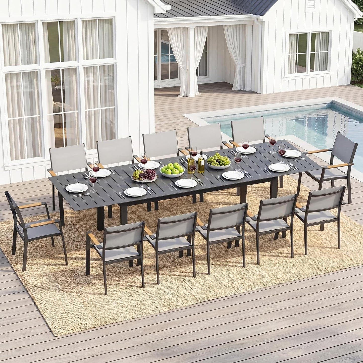Patio Furniture Set with 121" Extendable Dining Table, Patio Table Set for 4–12 People, All-Weather Aluminum Outdoor Furniture, Outdoor Dining Set for Backyard, Porch, and Garde, Grey
