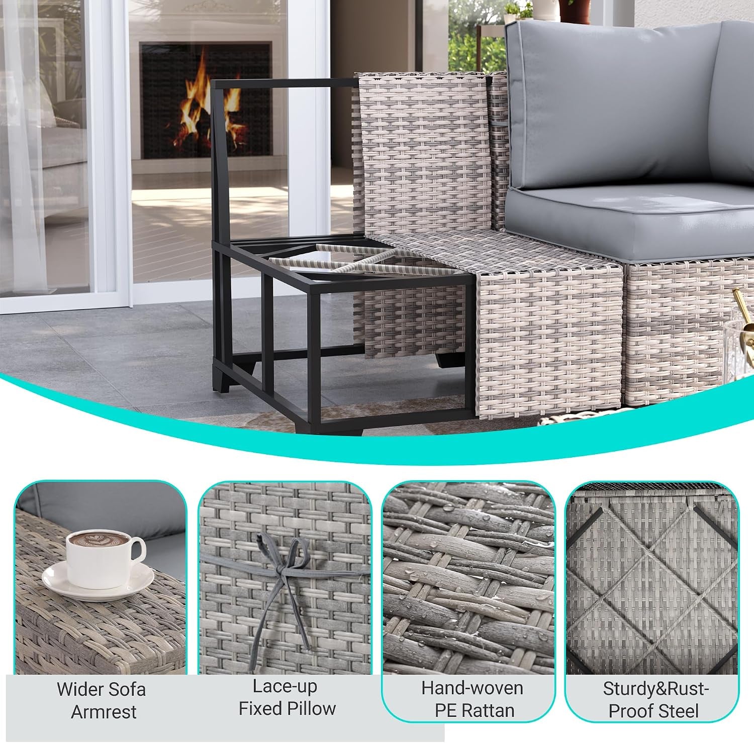 Outdoor Patio Furniture Set PE Wicker Rattan Outdoor Sectional Sofa | Patio Conversation Set with 55,000 BTU Fire Pit Table & Rocking Swivel Chair,Coffee Table & Thickened Cushions, Grey