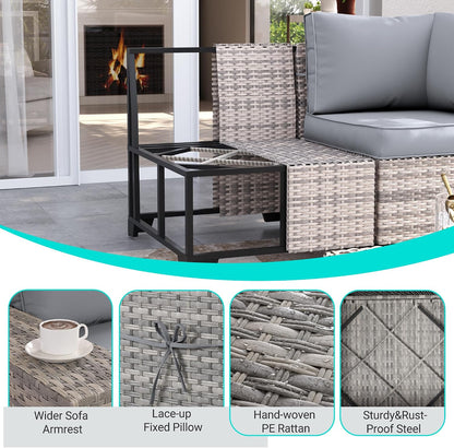 Outdoor Patio Furniture Set PE Wicker Rattan Outdoor Sectional Sofa | Patio Conversation Set with 55,000 BTU Fire Pit Table & Rocking Swivel Chair,Coffee Table & Thickened Cushions, Grey