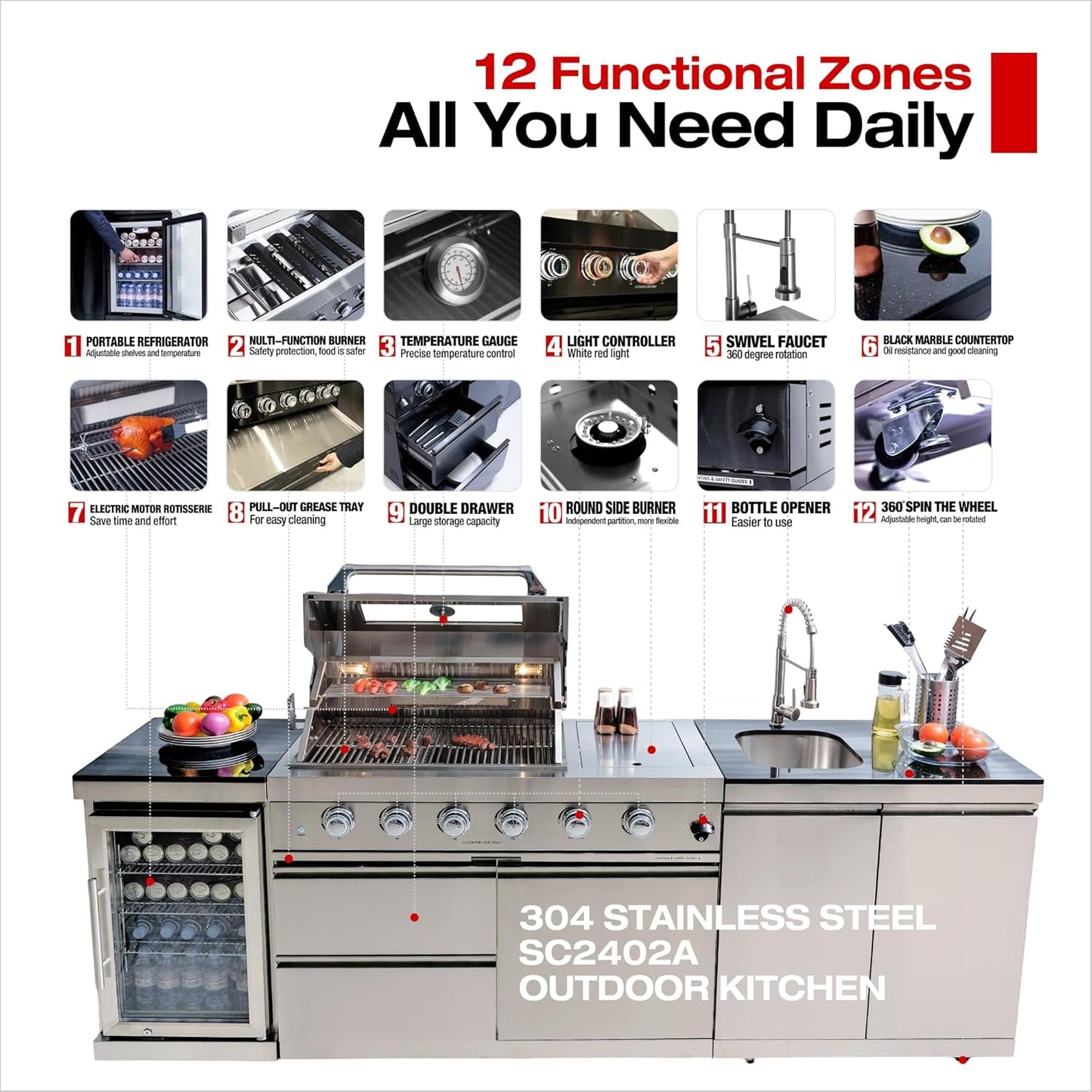 Modular Outdoor Kitchen BBQ Island, 104" Outdoor Kitchen Propane Gas Island Grill with Sink, Compact Refrigerator, Storage Cabinets, Rotisserie Kit (Silver, 104")