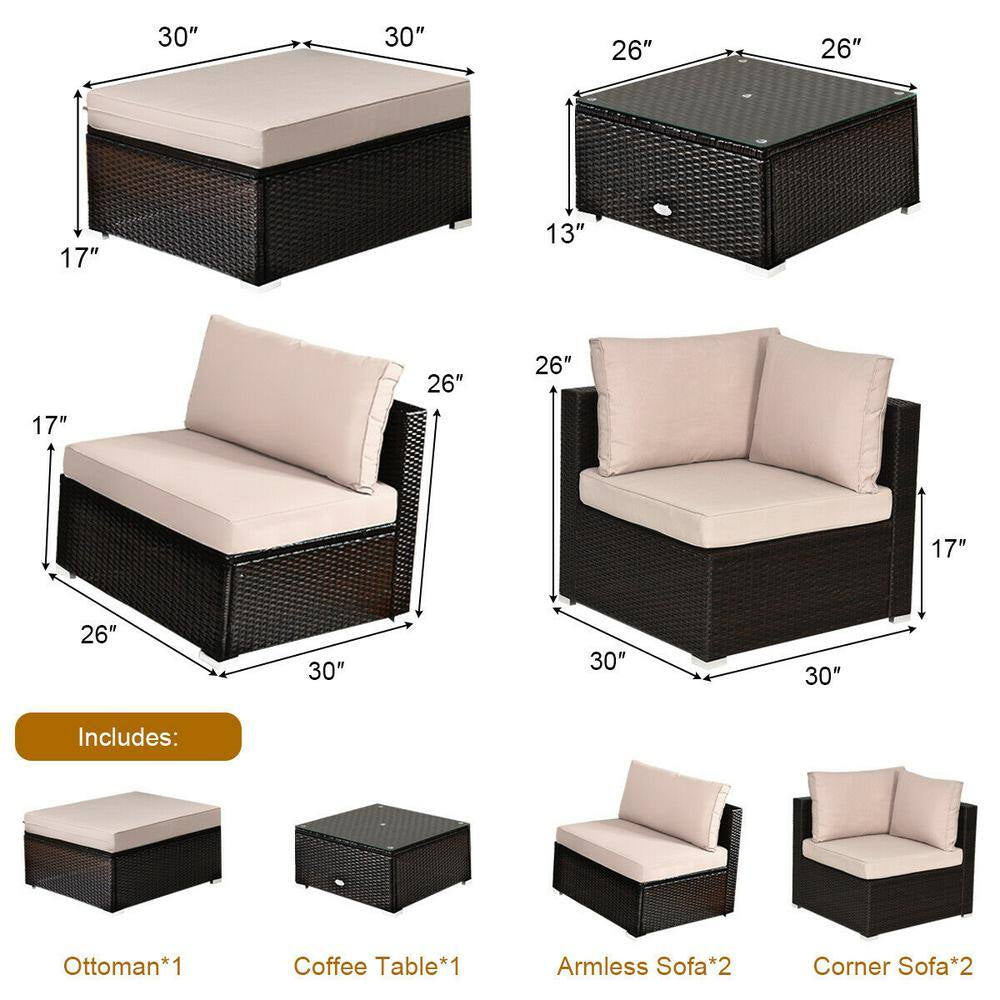 6-Piece Brown Wicker Outdoor Patio Rattan Furniture Set Sectional Sofa Ottoman with Beige Cushions