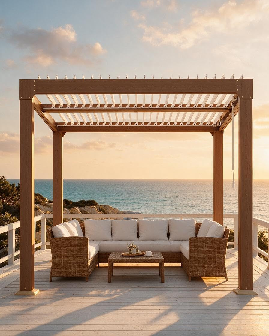 Louvered Pergola 10 Ft X10', Outdoor Pergola with Adjustable Louvered Roof, Reinforced Aluminum Frame, Integrated Drainage System, Hardtop Gazebo for Patio, Deck, Wood Grain