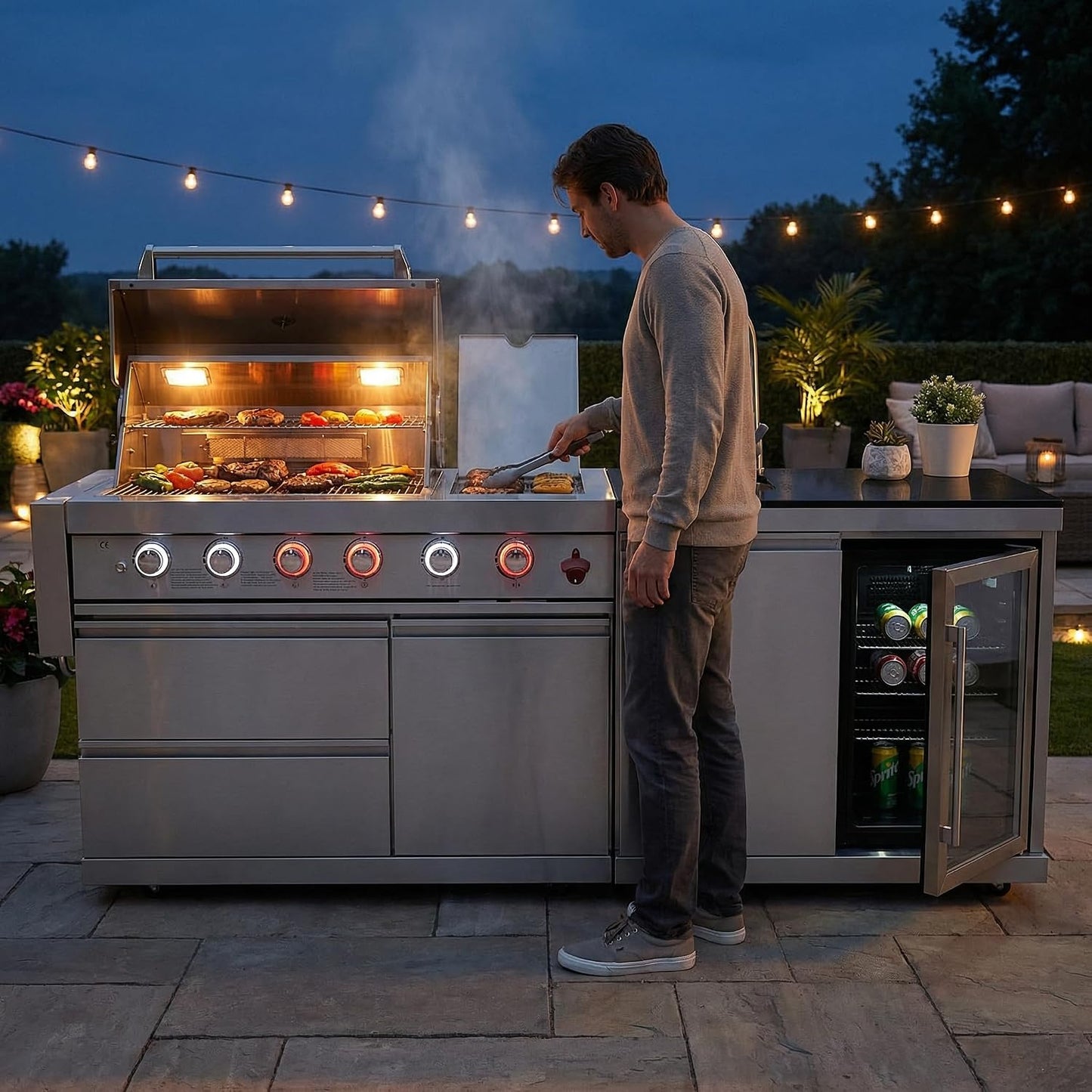 84" Deluxe Outdoor Kitchen Bar and BBQ Island Grill with 6 Burner, 75300 BTU Stainless Steel Grill, Integrated Sink, Wine Cooler, Refrigerator, Granite Countertops, and Rotisserie Kit