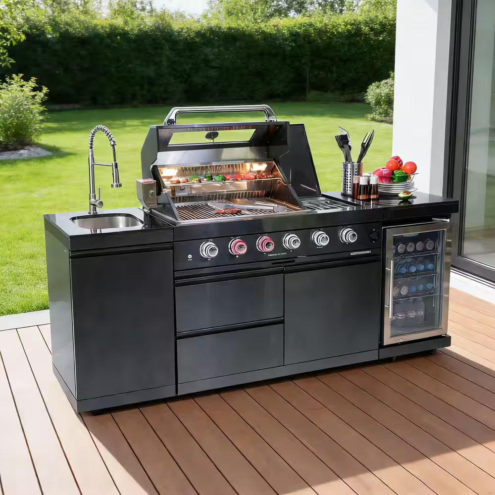 46 In. 4-Burner 72000 BTU Propane Gas Grill Island Outdoor Kitchen with Refrigerator, Sink in Black Stainless Steel