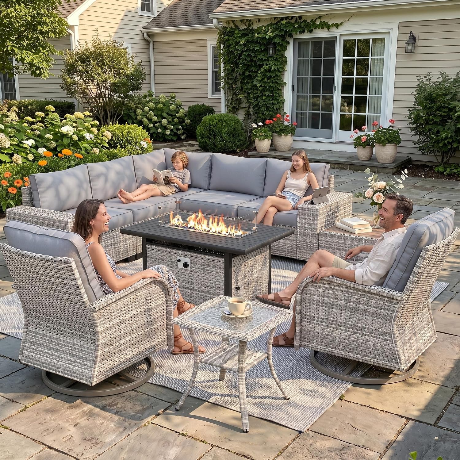 Outdoor Patio Furniture Set PE Wicker Rattan Outdoor Sectional Sofa | Patio Conversation Set with 55,000 BTU Fire Pit Table & Rocking Swivel Chair,Coffee Table & Thickened Cushions, Grey