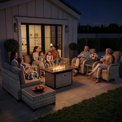 Outdoor Patio Furniture Set PE Wicker Rattan Outdoor Sectional Sofa | Patio Conversation Set with 55,000 BTU Fire Pit Table & Rocking Swivel Chair,Coffee Table & Thickened Cushions, Grey