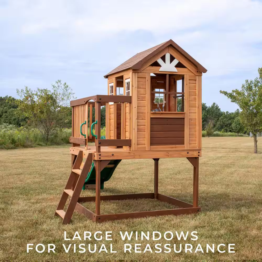 Echo Heights Indoor Outdoor All Cedar Wooden Elevated Playhouse with Clubhouse, Ladder, Green Slide, and Play Kitchen