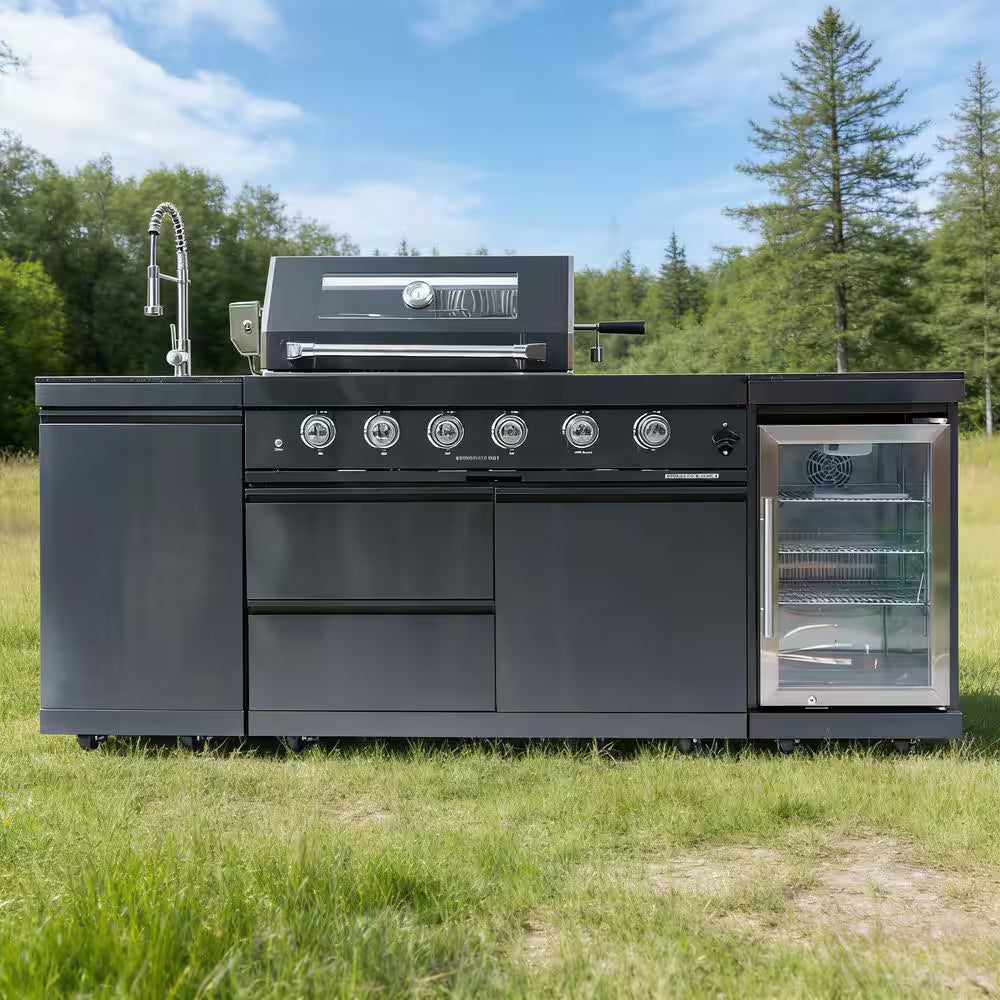 46 In. 4-Burner 72000 BTU Propane Gas Grill Island Outdoor Kitchen with Refrigerator, Sink in Black Stainless Steel