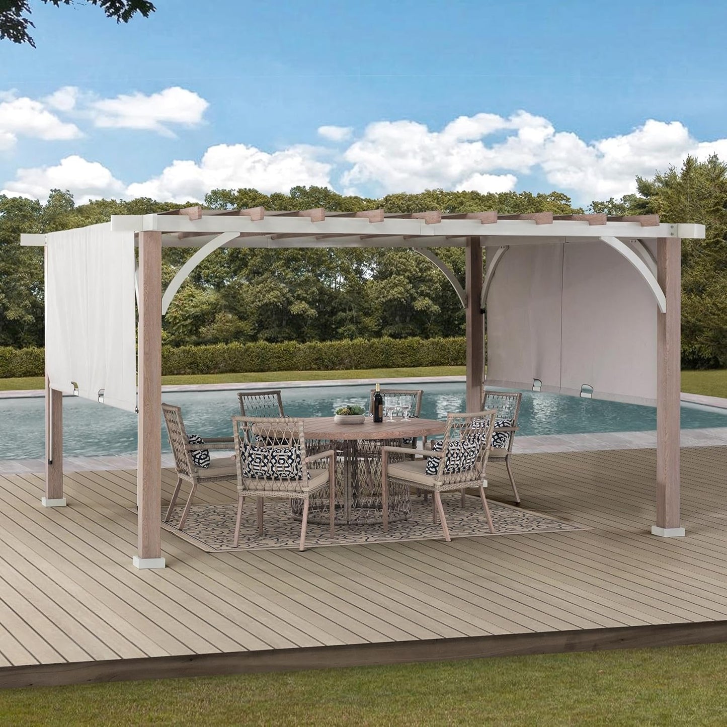 Sunjoy Outdoor Pergola 12 X 14 Ft. with Adjustable Sun Shade Canopy for Backyard and Garden Shade, Patio Modern White Steel Frame Grape Trellis Pergolas, Light Gray by