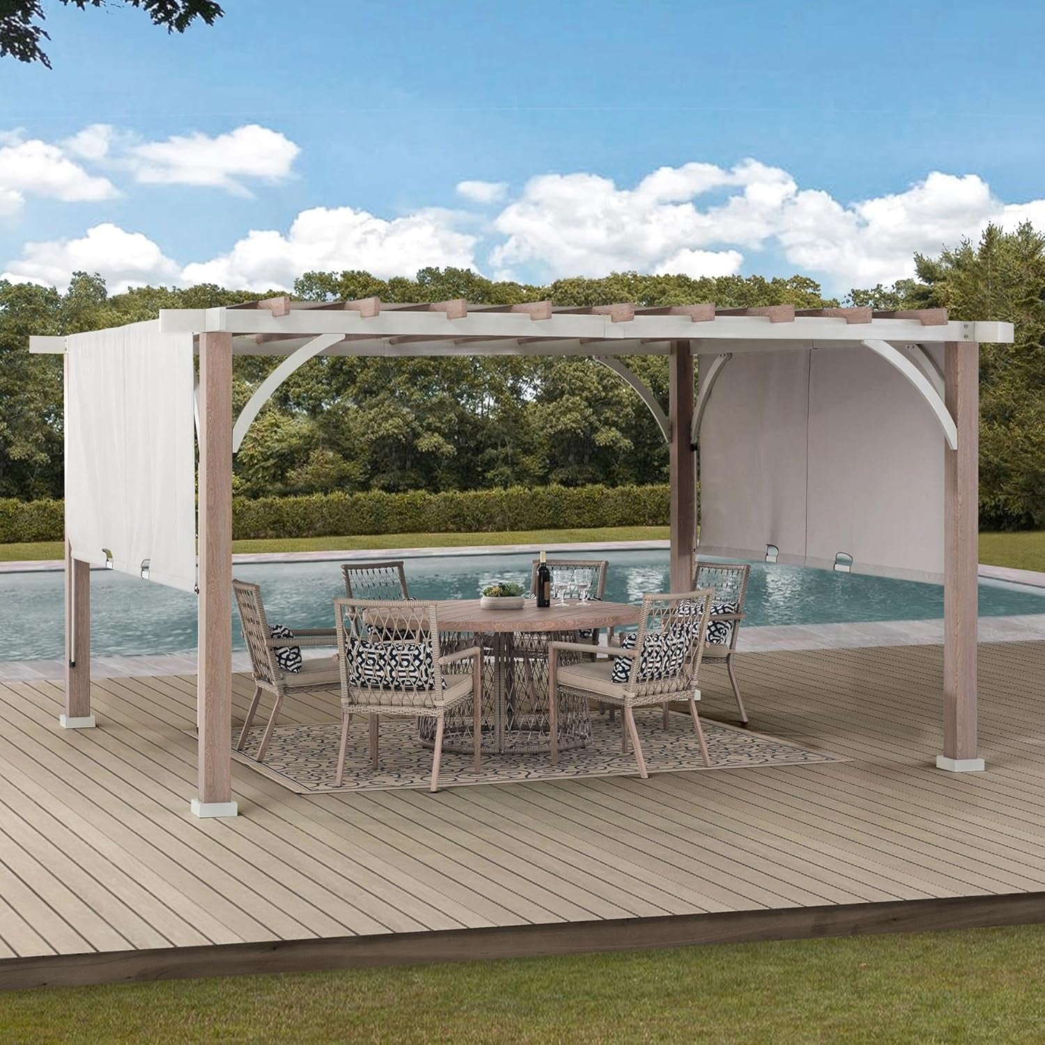 Sunjoy Outdoor Pergola 12 X 14 Ft. with Adjustable Sun Shade Canopy for Backyard and Garden Shade, Patio Modern White Steel Frame Grape Trellis Pergolas, Light Gray by
