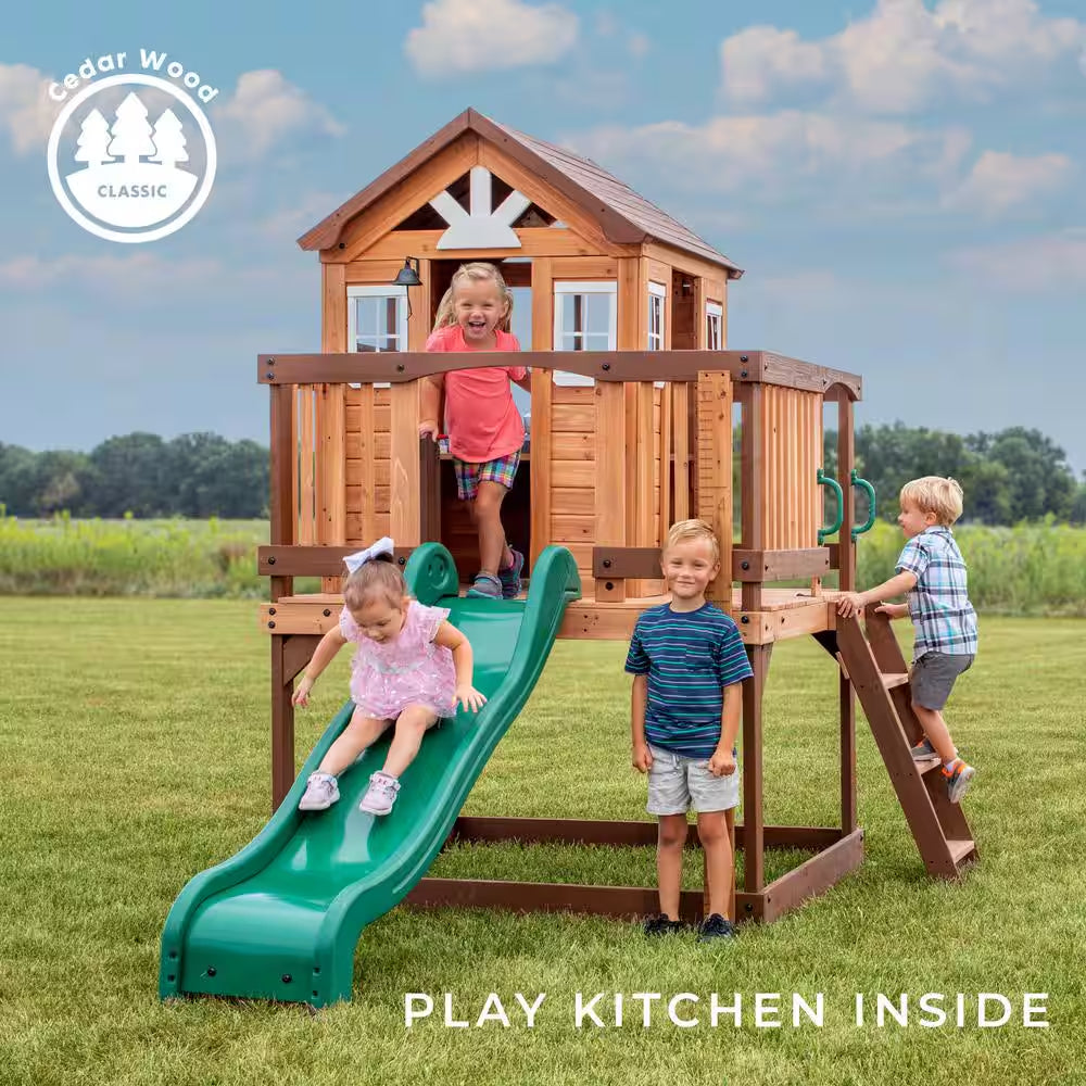 Echo Heights Indoor Outdoor All Cedar Wooden Elevated Playhouse with Clubhouse, Ladder, Green Slide, and Play Kitchen