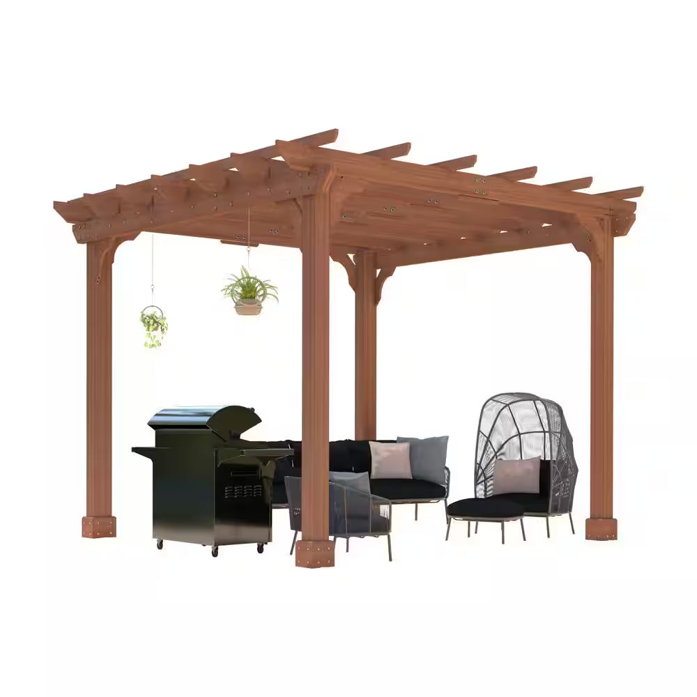 10 Ft. W X 10 Ft. D Cedar Wood Patio Pergola Shade Structure for Outdoor, Brown