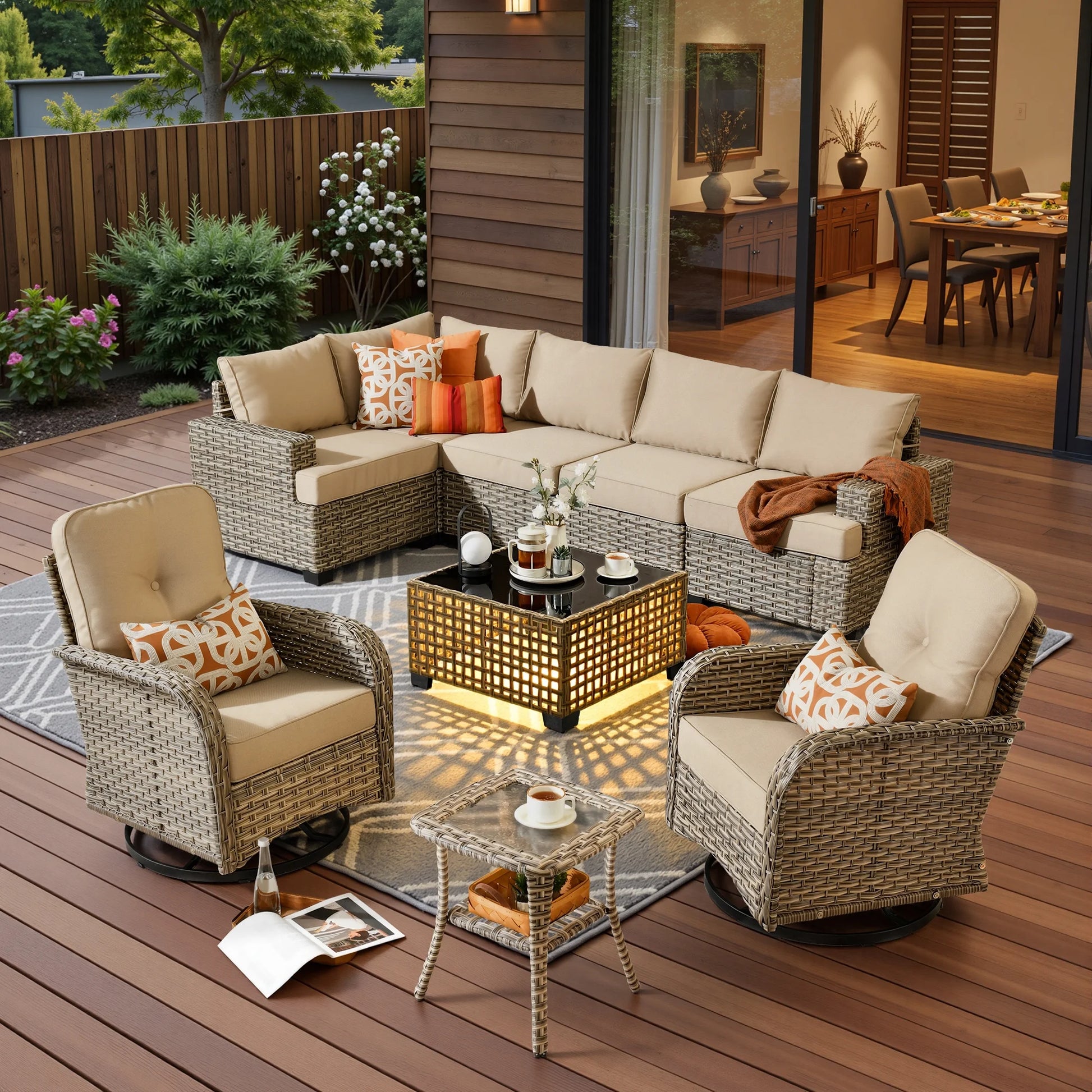 9 Pieces Patio Furniture Set outside Furniture Wicker Patio Conversation Set with Swivel Chairs, Outdoor Furniture for Garden, Beige