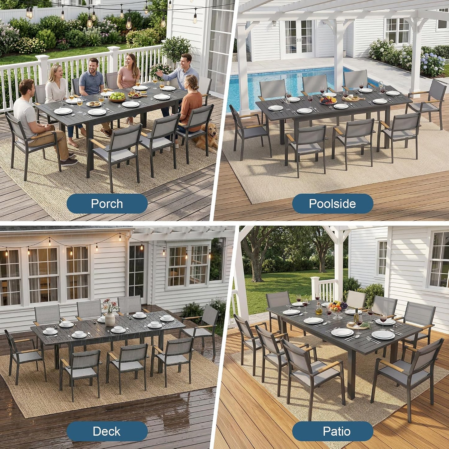 Patio Furniture Set with 92" Extendable Dining Table for 4–8 People | Aluminum All-Weather Patio Table and Chairs, Outdoor Furniture with Quick-Dry Textilene Chairs for Backyard, Porch, Grey