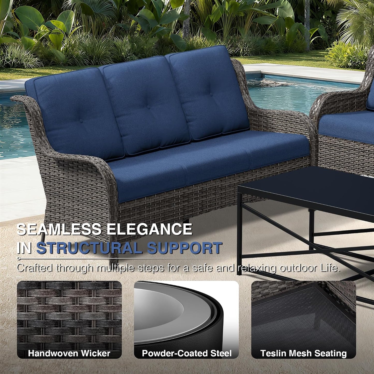 6 Piece Wicker Patio Furniture Set, Outdoor Swivel Rocker Patio Chairs with High Back, Deep Seating, Wide Armrest, Thickened Cushions, Outdoor Furniture for Deck, Porch Use