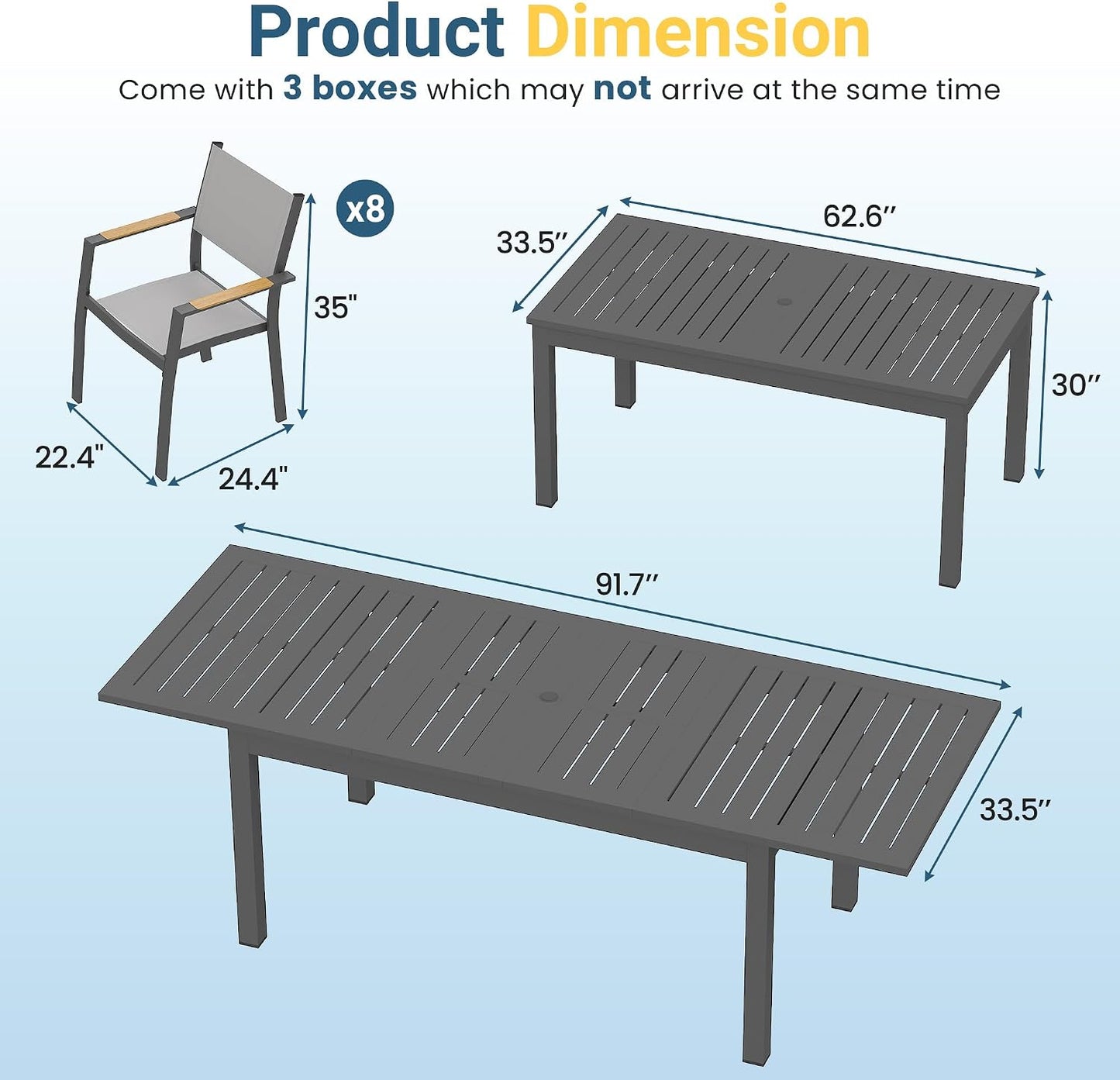 Patio Furniture Set with 92" Extendable Dining Table for 4–8 People | Aluminum All-Weather Patio Table and Chairs, Outdoor Furniture with Quick-Dry Textilene Chairs for Backyard, Porch, Grey