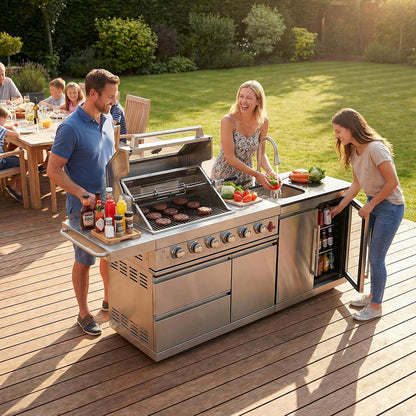 84" Deluxe Outdoor Kitchen Bar and BBQ Island Grill with 6 Burner, 75300 BTU Stainless Steel Grill, Integrated Sink, Wine Cooler, Refrigerator, Granite Countertops, and Rotisserie Kit