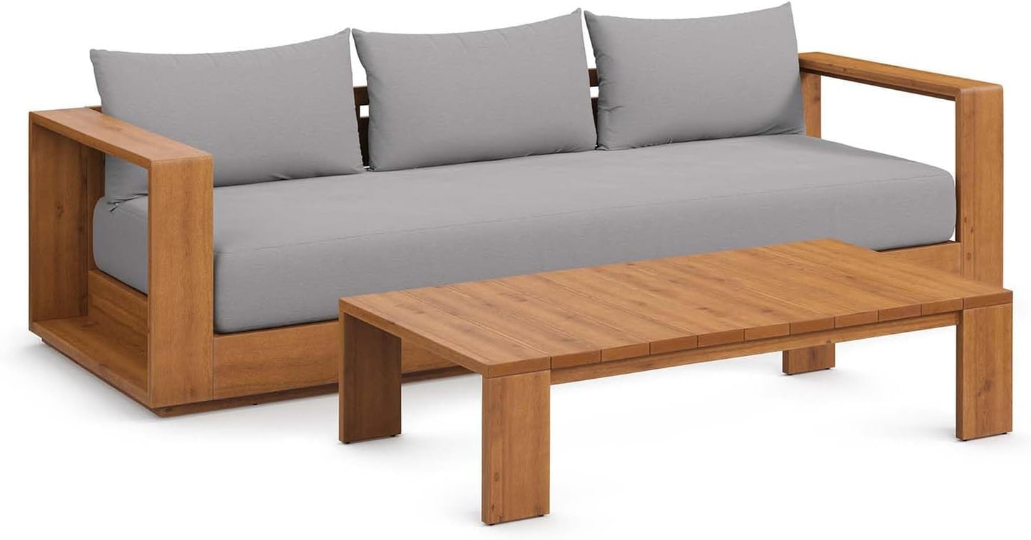 Tahoe Acacia Wood 2-Piece Outdoor Patio Furniture Set in Natural Light Gray - Includes Sofa with Weather-Resistant Cushions and Coffee Table