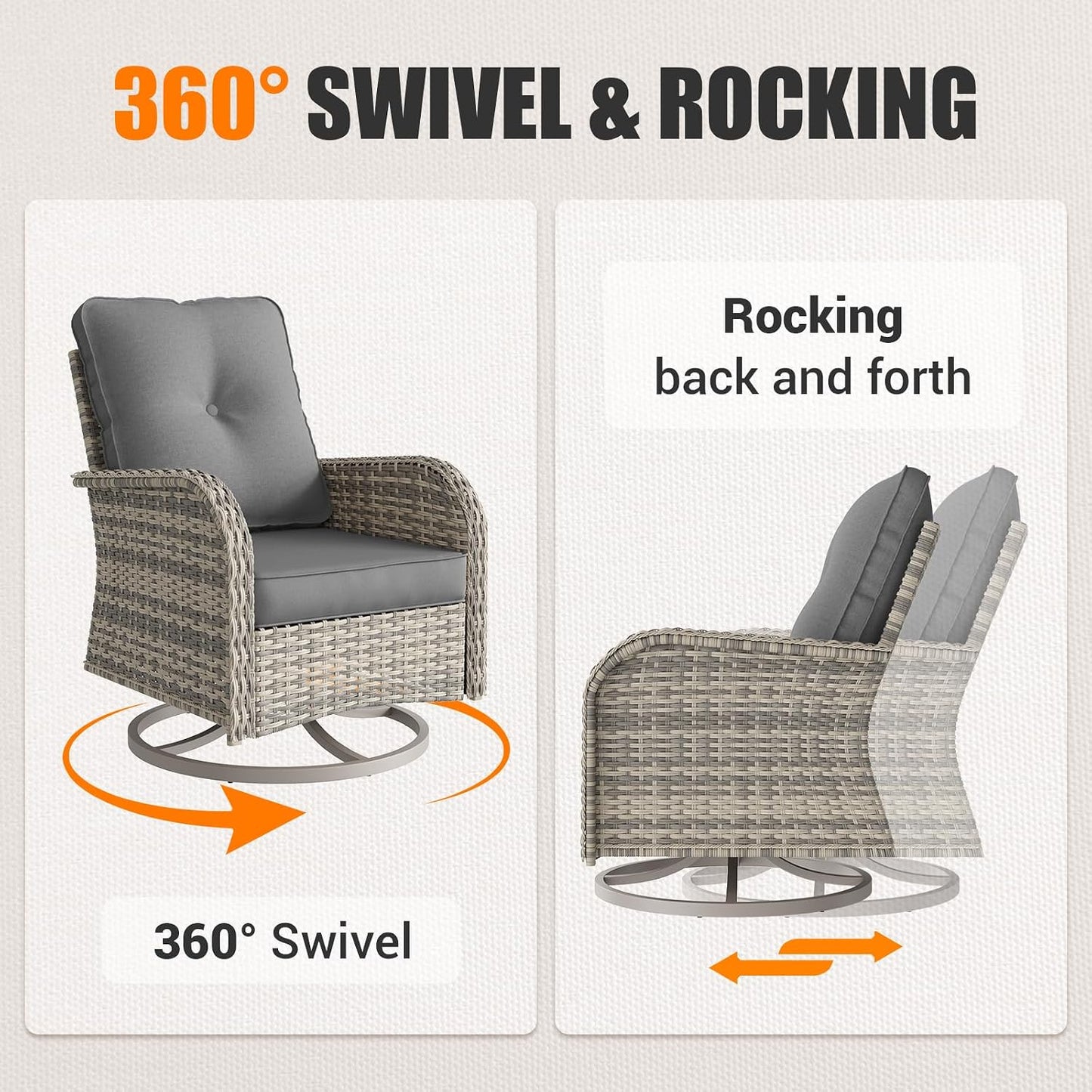 Outdoor Patio Furniture Set PE Wicker Rattan Outdoor Sectional Sofa | Patio Conversation Set with 55,000 BTU Fire Pit Table & Rocking Swivel Chair,Coffee Table & Thickened Cushions, Grey