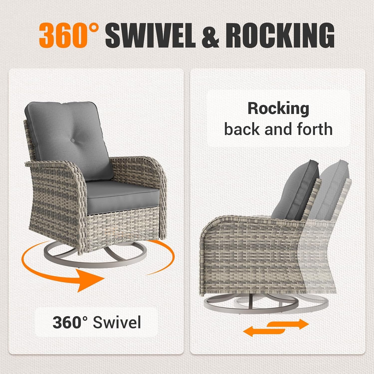Outdoor Patio Furniture Set PE Wicker Rattan Outdoor Sectional Sofa | Patio Conversation Set with 55,000 BTU Fire Pit Table & Rocking Swivel Chair,Coffee Table & Thickened Cushions, Grey