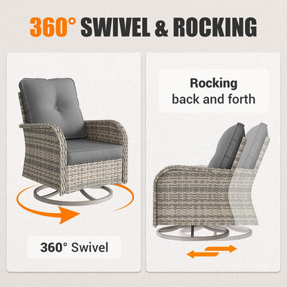 Outdoor Patio Furniture Set PE Wicker Rattan Outdoor Sectional Sofa | Patio Conversation Set with 55,000 BTU Fire Pit Table & Rocking Swivel Chair,Coffee Table & Thickened Cushions, Grey