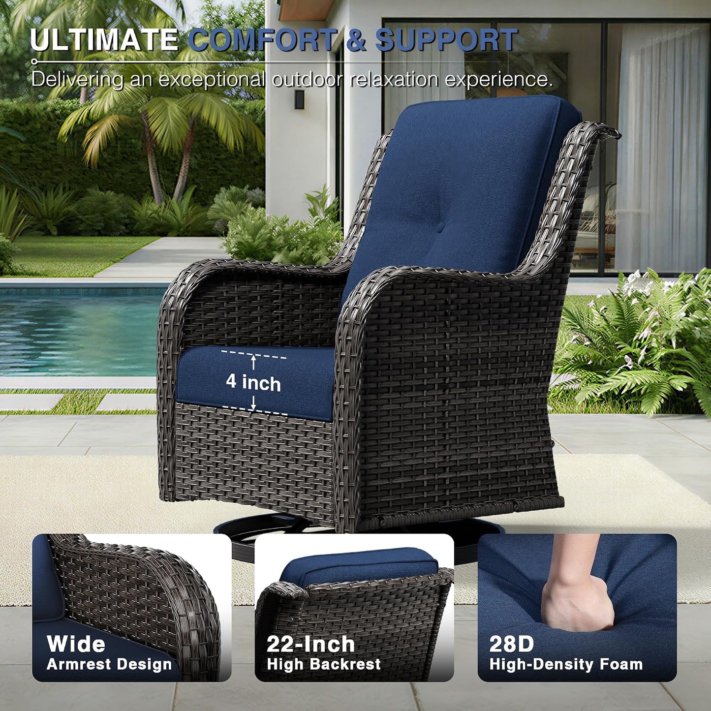 6 Piece Wicker Patio Furniture Set, Outdoor Swivel Rocker Patio Chairs with High Back, Deep Seating, Wide Armrest, Thickened Cushions, Outdoor Furniture for Deck, Porch Use