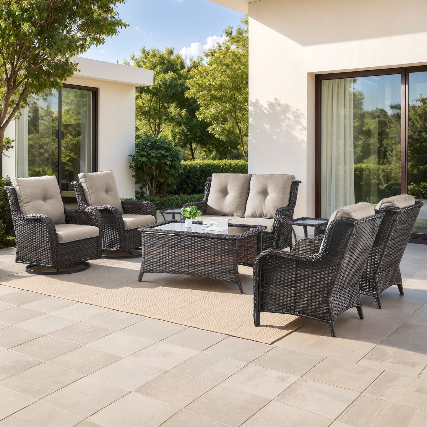 8 Pieces Patio Furniture Sets with Swivel Rocking Chairs,High-Back Rattan Patio Outdoor Conversation Set with 2-Seat Sofa & Coffee Table for Porch Deck Backyard Poolside