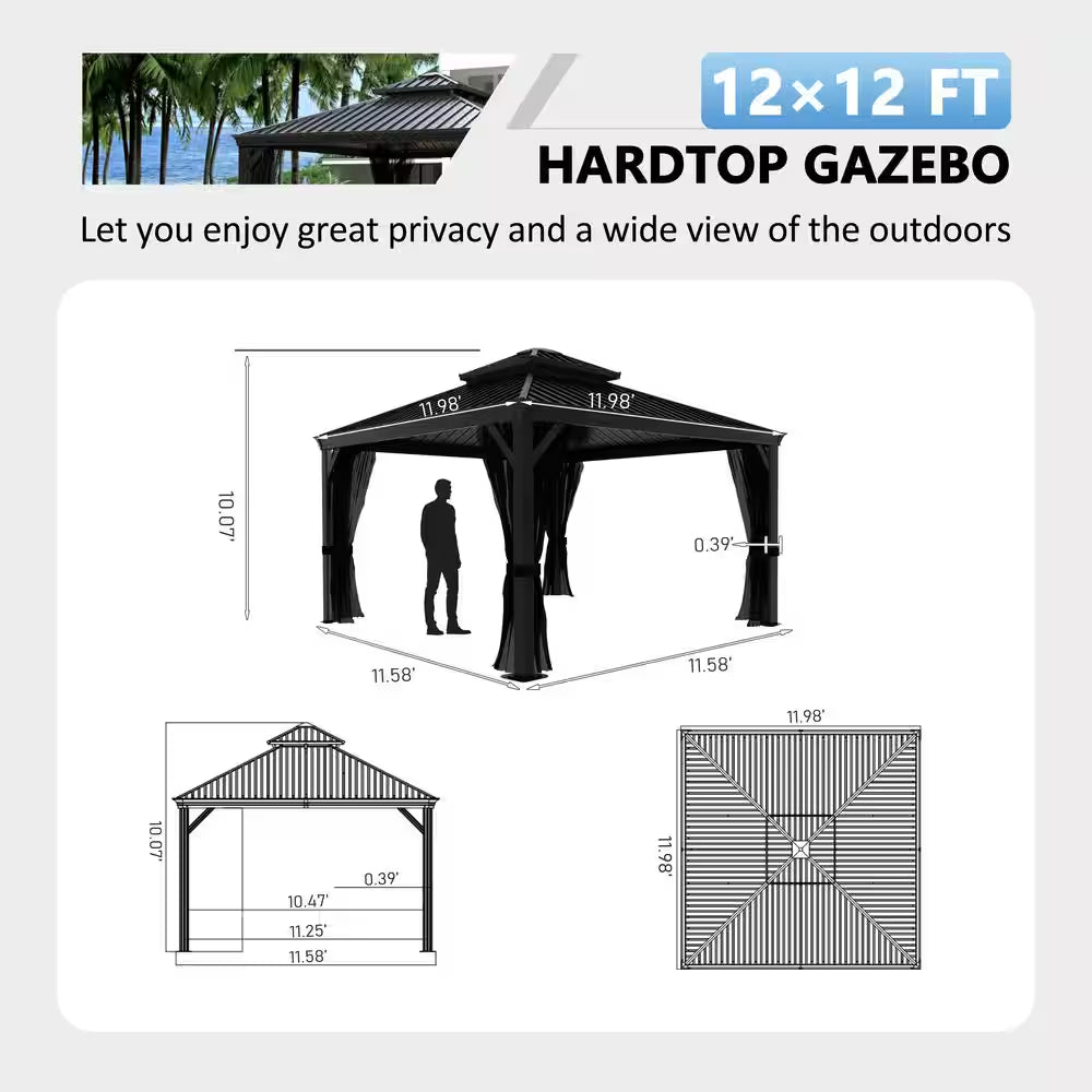12 Ft. W X 12 Ft. D Aluminum Hardtop Gazebo with Galvanized Double Roof and Textilene Netting