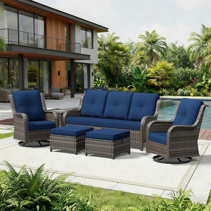 6 Piece Wicker Patio Furniture Set, Outdoor Swivel Rocker Patio Chairs with High Back, Deep Seating, Wide Armrest, Thickened Cushions, Outdoor Furniture for Deck, Porch Use