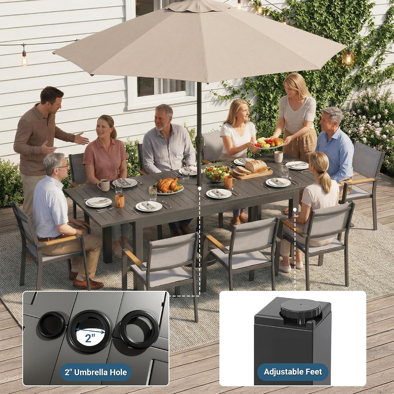 Patio Furniture Set with 92" Extendable Dining Table for 4–8 People | Aluminum All-Weather Patio Table and Chairs, Outdoor Furniture with Quick-Dry Textilene Chairs for Backyard, Porch, Grey