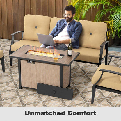 Brown 4-Piece Aluminum Patio Conversation Set with Iron Propane Fire Pit Table, Sofa Set with Ginger Cushions