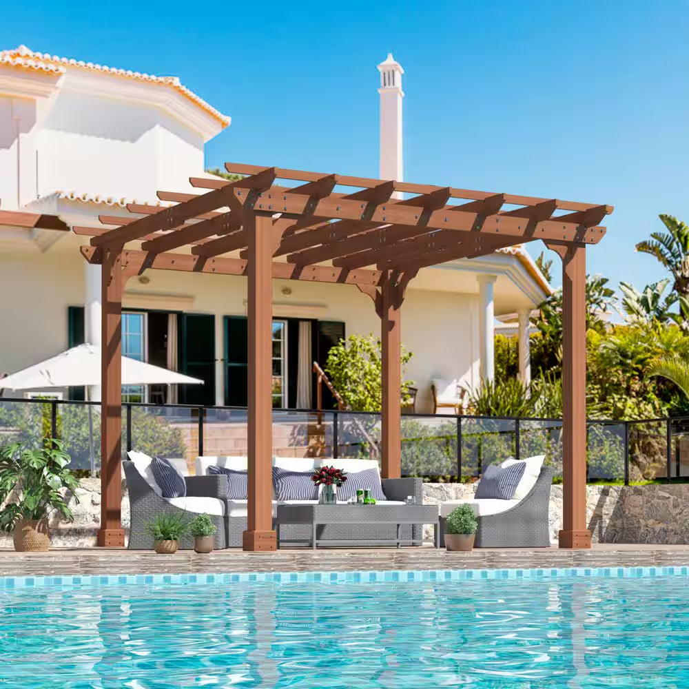 10 Ft. W X 10 Ft. D Cedar Wood Patio Pergola Shade Structure for Outdoor, Brown