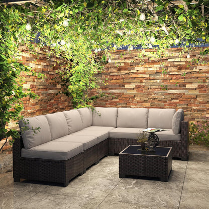 7 Piece Outdoor Patio Furniture Set, PE Rattan Conversation Sofa Set, Wicker Patio Set W/Thick Cushions & Glass Top Coffee Table, All-Weather outside Furniture for Garden, Balcony,Porch(Brown+Beige)