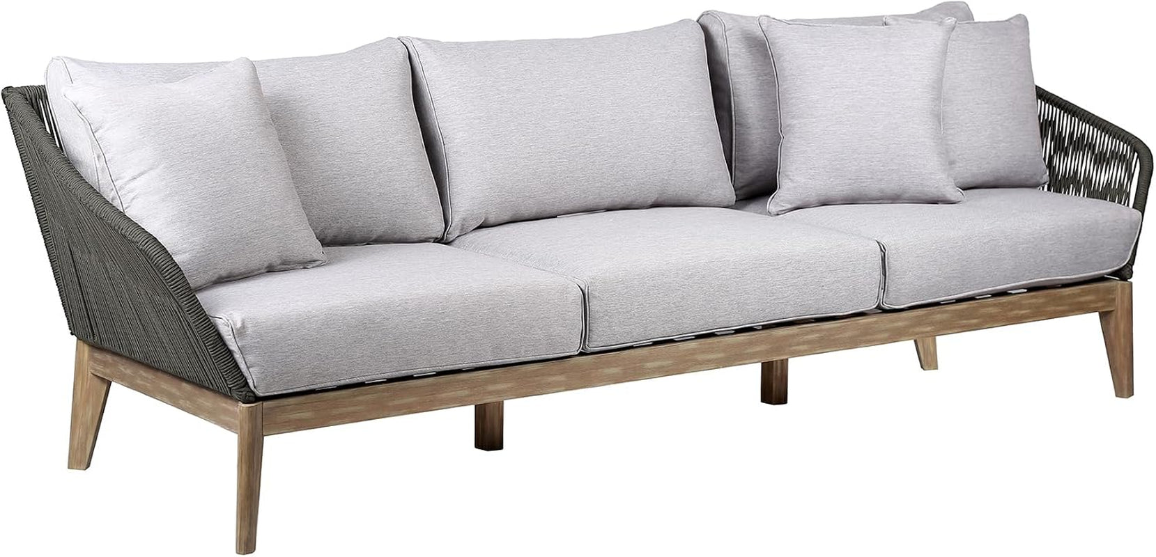 Athos Indoor Outdoor 3 Seater Sofa in Light Eucalyptus Wood with Latte Rope and Grey Cushions