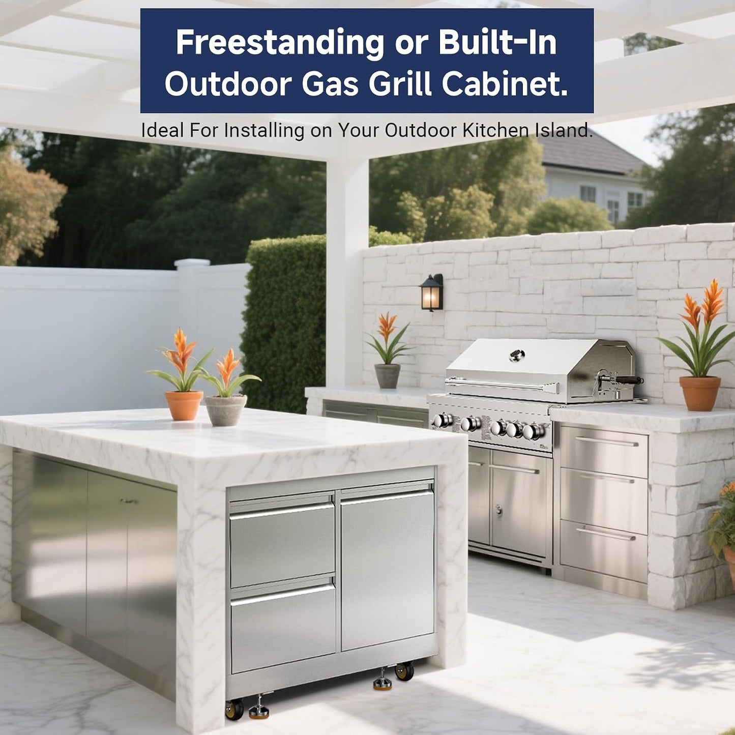 Outdoor Stainless-Steel Kitchen Drawers Cabinet for Built-In BBQ Grill .Stainless-Steel Outdoor Kitchen Grill Cabinet with 2 Drawers and Propane Tank Storage,(Fits 30"-MK04SS304 Propane Grill).