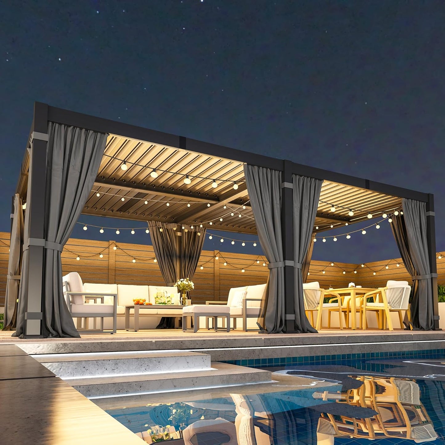 12' X 20' Pergola with Curtain & Adjustable Roof & Aluminum Frame for Patio | Louvered Pergola, Patio Pergola with Netting & Gutter System, Outdoor Pergola, Hardtop Gazebo for Deck, Yard, Dark Gray