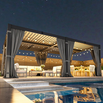 12' X 20' Pergola with Curtain & Adjustable Roof & Aluminum Frame for Patio | Louvered Pergola, Patio Pergola with Netting & Gutter System, Outdoor Pergola, Hardtop Gazebo for Deck, Yard, Dark Gray