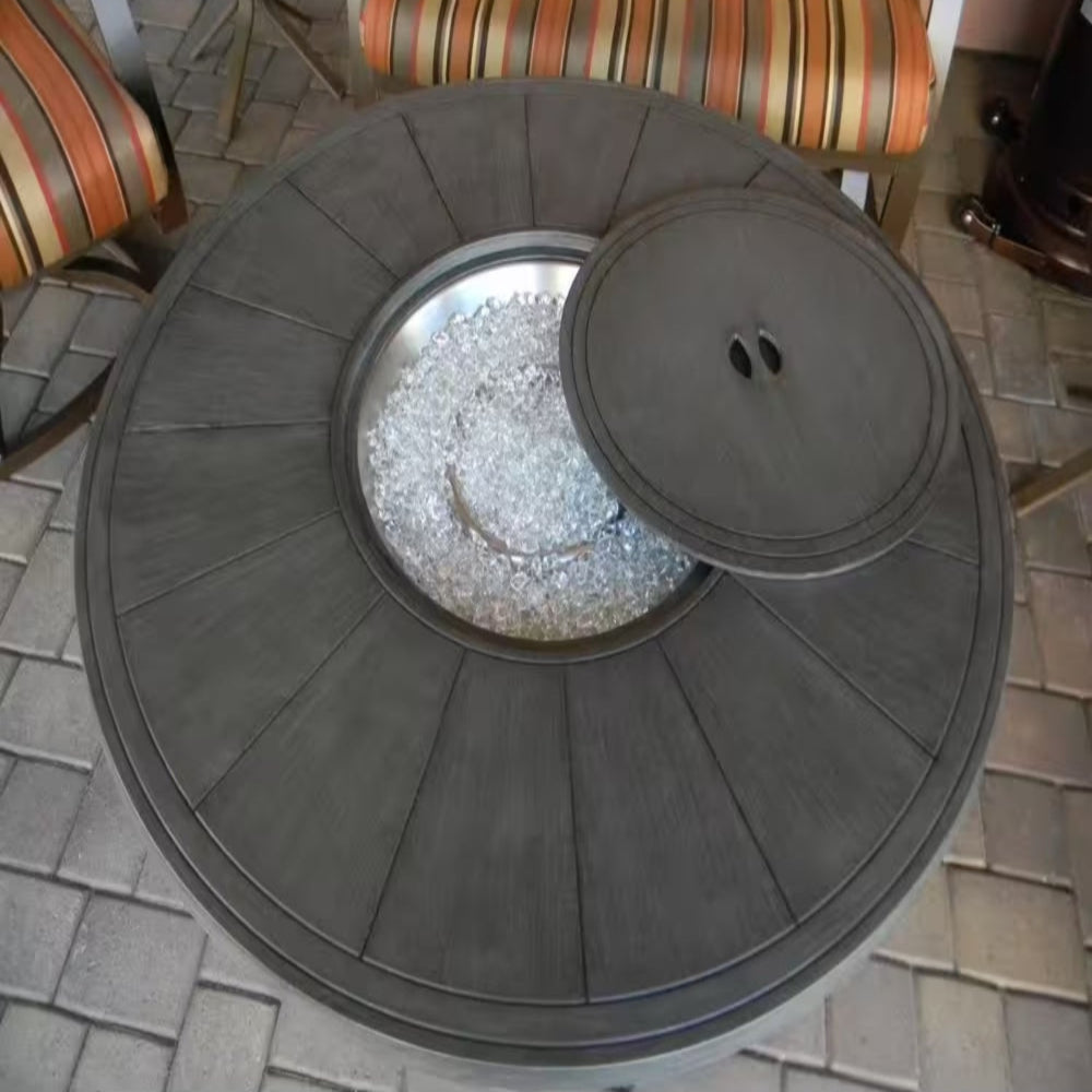 44 In. X 24 In. round Aluminum Propane Fire Pit in Brushed Wood Finish