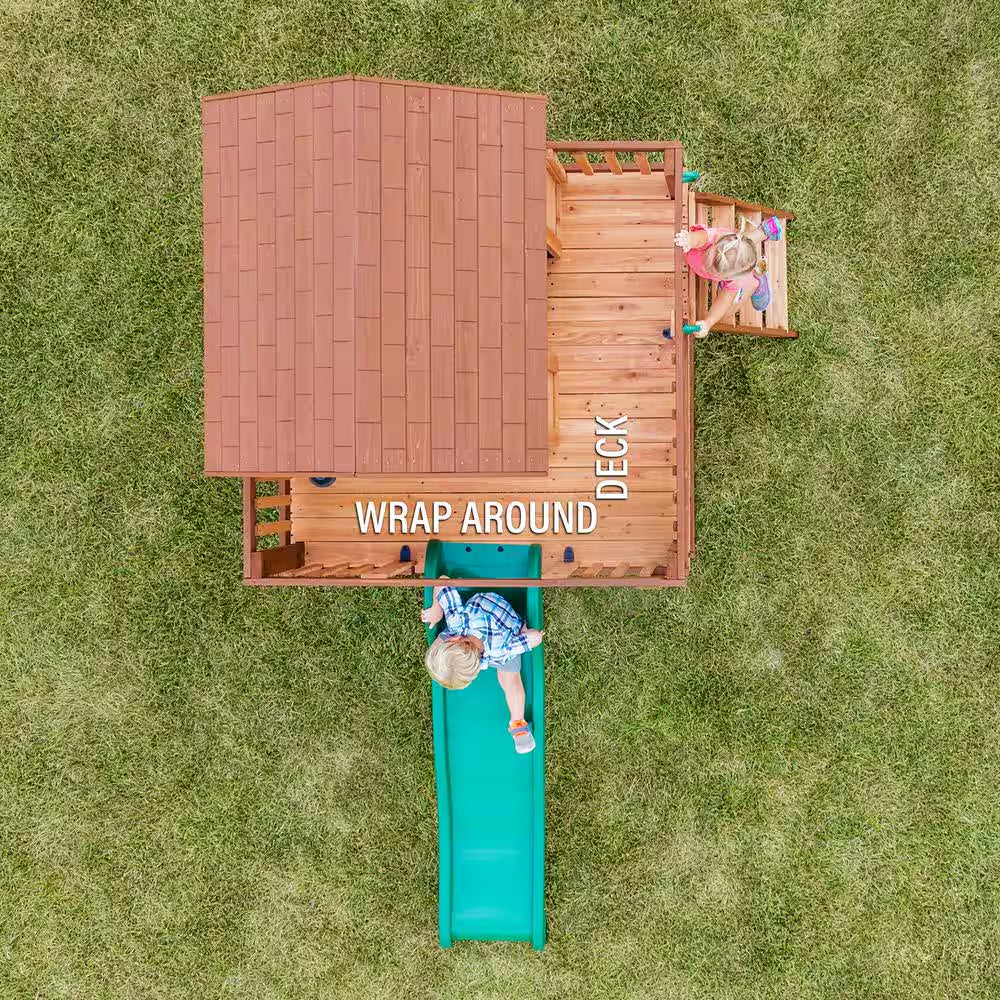 Echo Heights Indoor Outdoor All Cedar Wooden Elevated Playhouse with Clubhouse, Ladder, Green Slide, and Play Kitchen