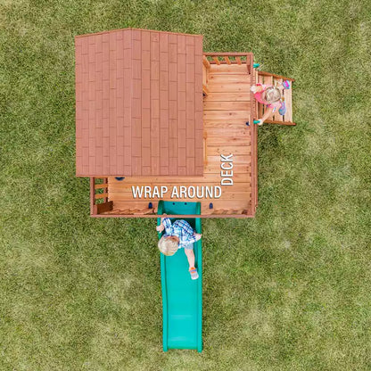 Echo Heights Indoor Outdoor All Cedar Wooden Elevated Playhouse with Clubhouse, Ladder, Green Slide, and Play Kitchen