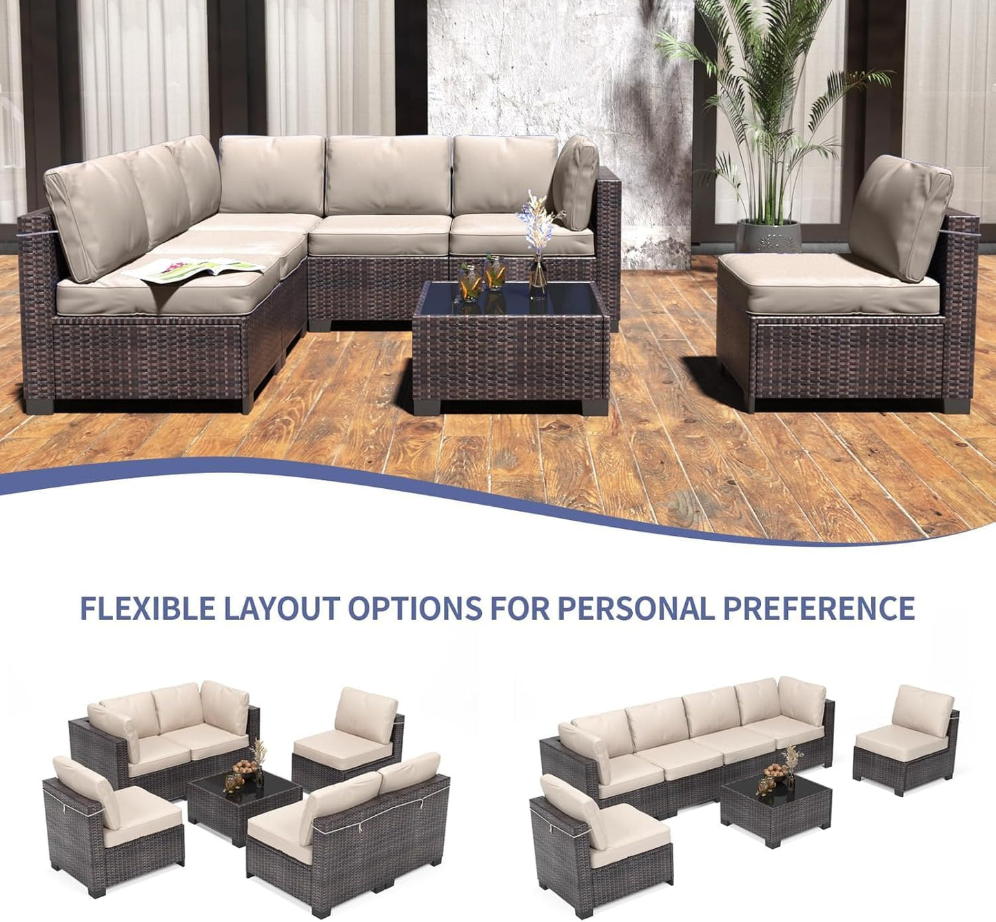 7 Piece Outdoor Patio Furniture Set, PE Rattan Conversation Sofa Set, Wicker Patio Set W/Thick Cushions & Glass Top Coffee Table, All-Weather outside Furniture for Garden, Balcony,Porch(Brown+Beige)