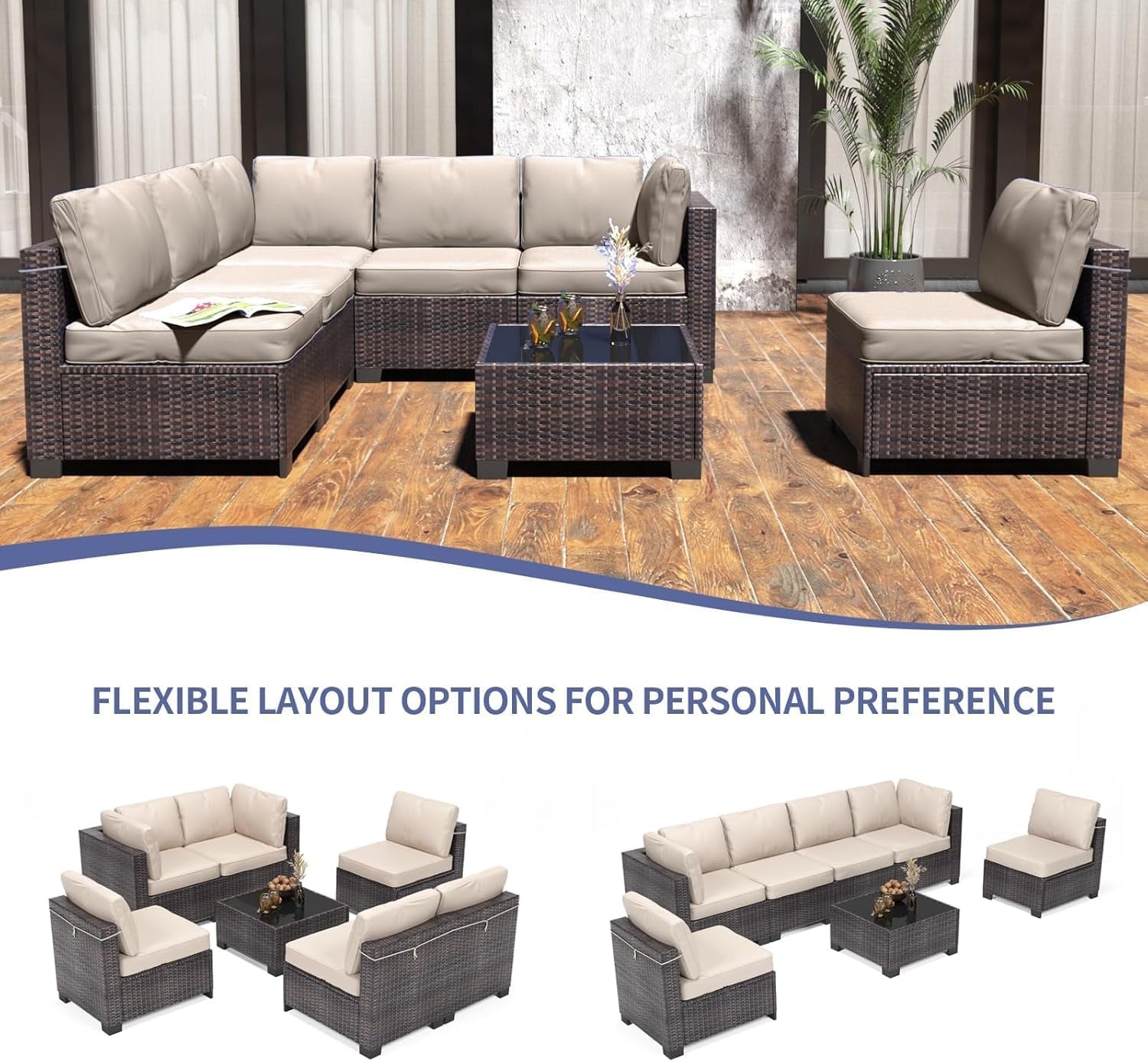 7 Piece Outdoor Patio Furniture Set, PE Rattan Conversation Sofa Set, Wicker Patio Set W/Thick Cushions & Glass Top Coffee Table, All-Weather outside Furniture for Garden, Balcony,Porch(Brown+Beige)