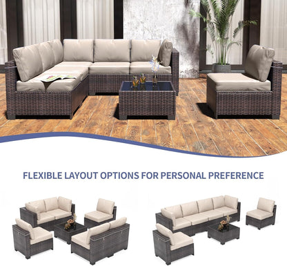 7 Piece Outdoor Patio Furniture Set, PE Rattan Conversation Sofa Set, Wicker Patio Set W/Thick Cushions & Glass Top Coffee Table, All-Weather outside Furniture for Garden, Balcony,Porch(Brown+Beige)