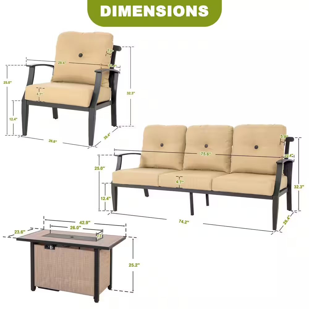 Brown 4-Piece Aluminum Patio Conversation Set with Iron Propane Fire Pit Table, Sofa Set with Ginger Cushions