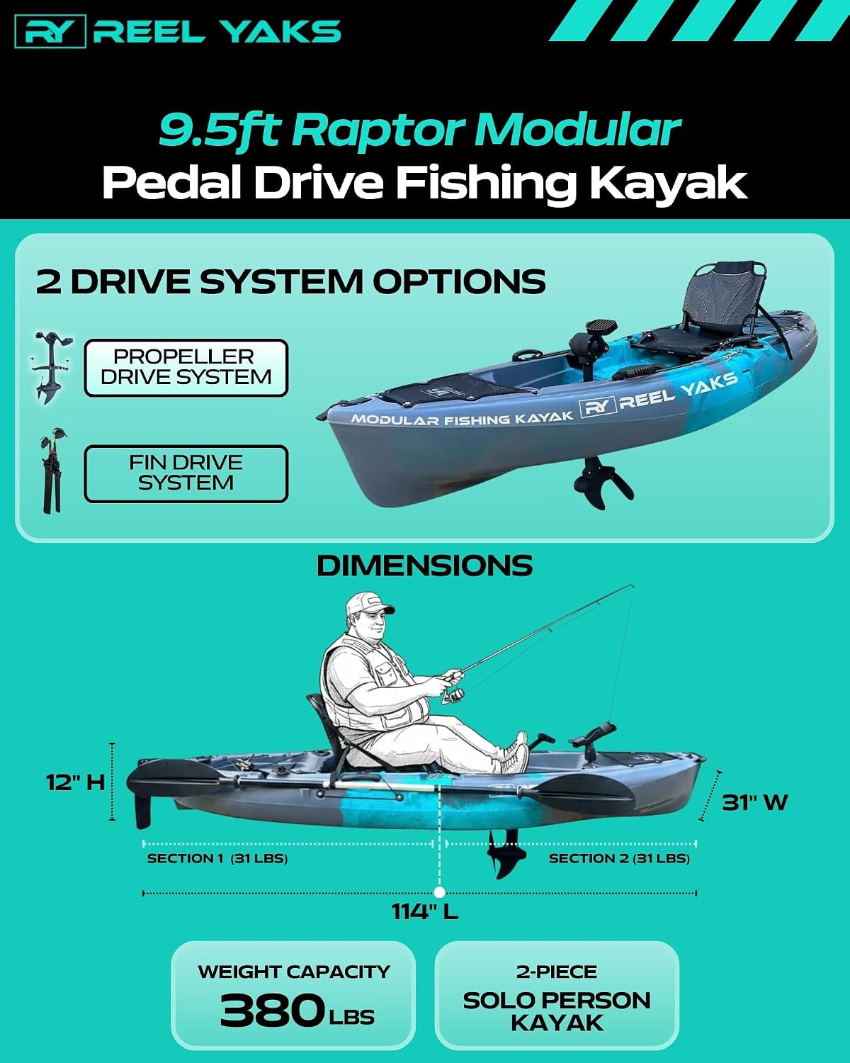 Raptor Modular Fishing Kayak, 9.5Ft, 380 Lbs Capacity | Cyan Gray, Pedal Kayaks for Adults & Youth, Sit on Top, Lightweight, Portable, Fits in Trunks & Closets, Gear Storage
