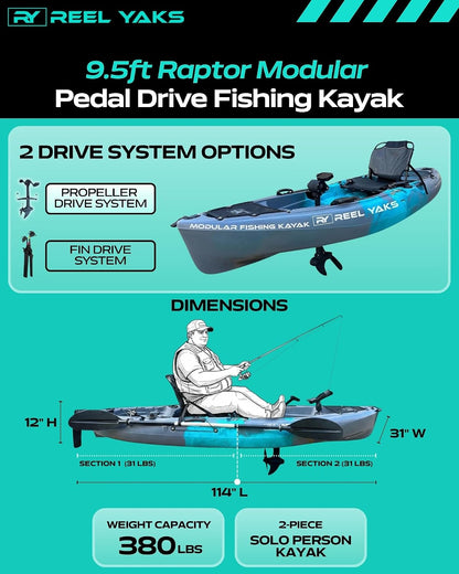 Raptor Modular Fishing Kayak, 9.5Ft, 380 Lbs Capacity | Cyan Gray, Pedal Kayaks for Adults & Youth, Sit on Top, Lightweight, Portable, Fits in Trunks & Closets, Gear Storage