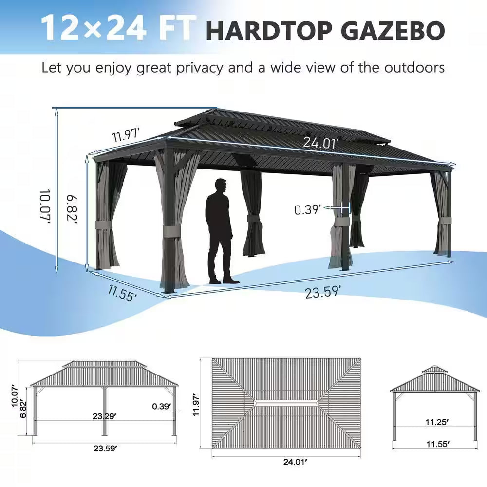 24 Ft. W X 12 Ft. D Aluminum Double Hardtop Gazebo with Textilene Netting