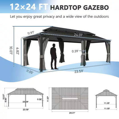 24 Ft. W X 12 Ft. D Aluminum Double Hardtop Gazebo with Textilene Netting