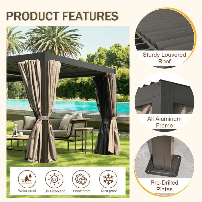 Aluminum Pergola Gazebo with Louvered Roof Canopy