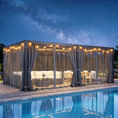 12' X 20' Pergola with Curtain & Adjustable Roof & Aluminum Frame for Patio | Louvered Pergola, Patio Pergola with Netting & Gutter System, Outdoor Pergola, Hardtop Gazebo for Deck, Yard, Dark Gray